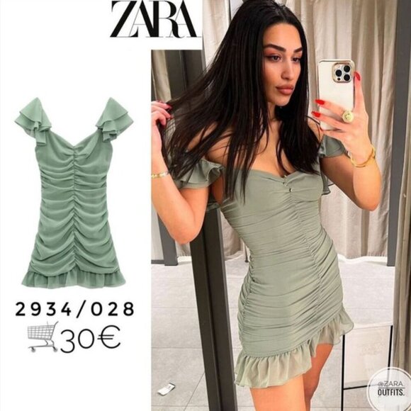 Zara Ruffled Sleeve Draped Mini Dress Green Size Small - Picture 7 of 13